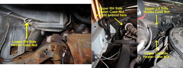 Locations of the 4 heater case nuts.  In case you haven't guessed, this is not a frame-off restoration.