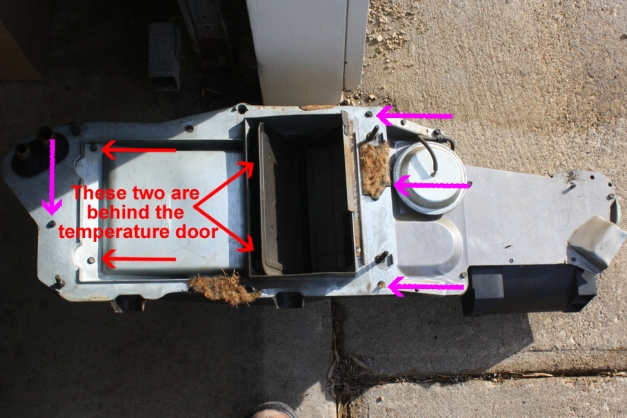 Heater core cover and heater core strap screws.  Magenta arrows indicate cover; red arrows indicate straps.